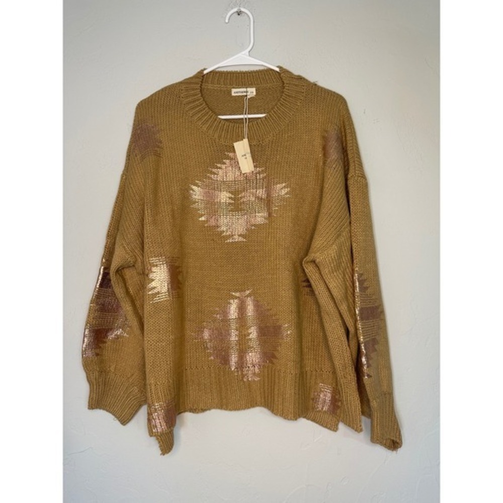 ANDTHEWHY Oversized  Aztec Knit Sweater, Bronze & Tan,‎ Long Sleeve Pullover